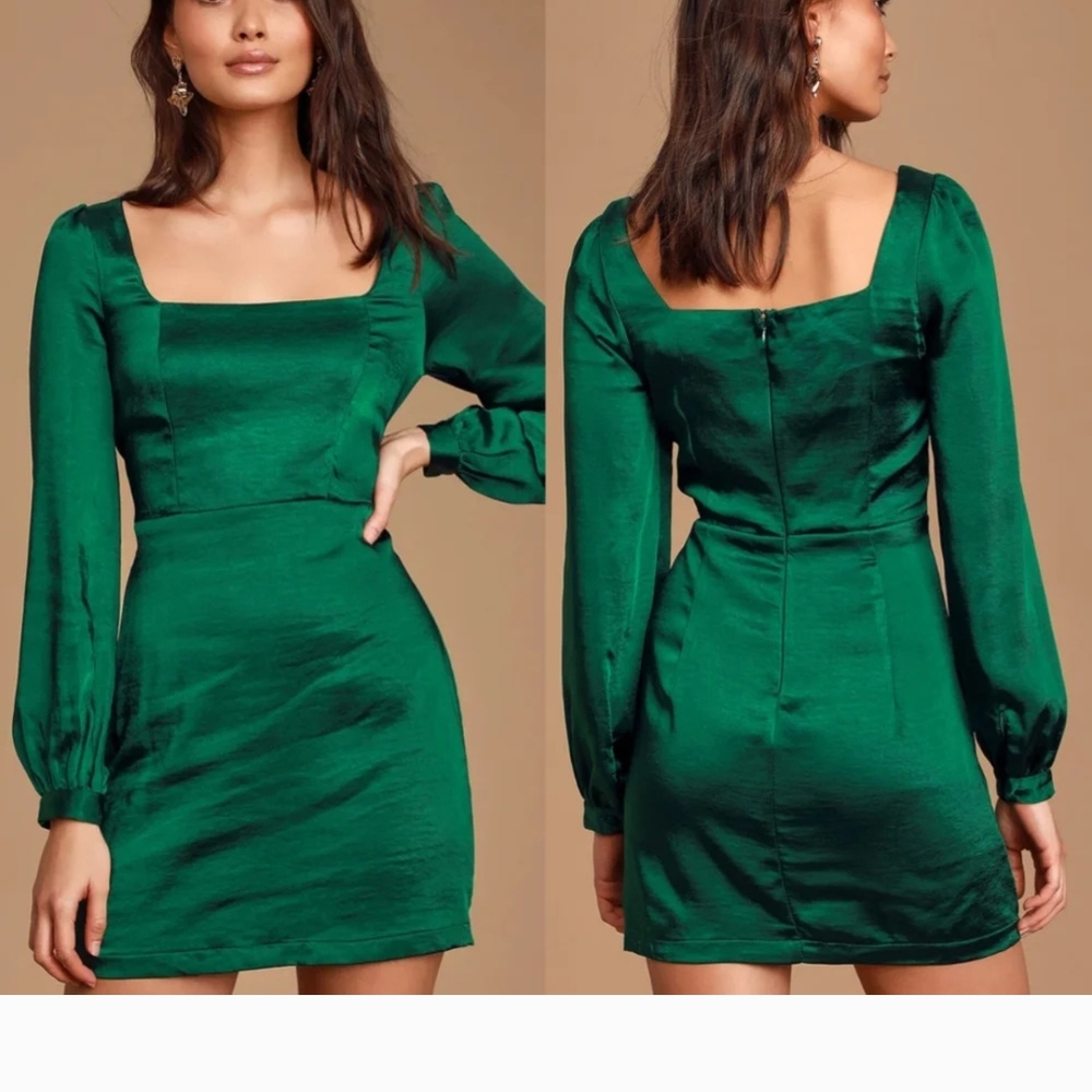 Lulu's Green Sheath Dress with Bishop Sleeves and Square Neck